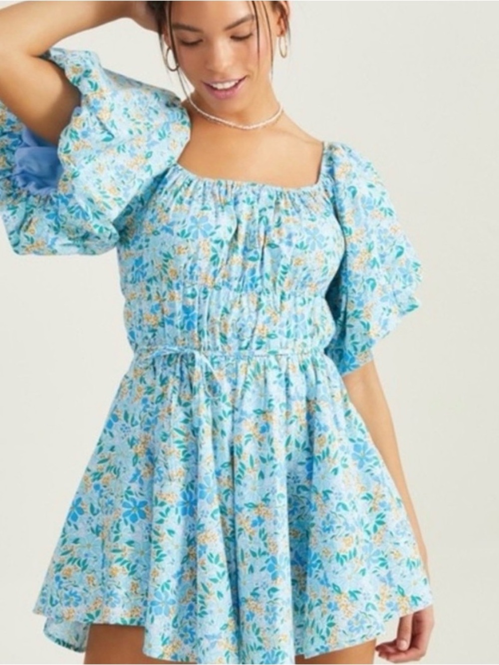 Altar’d State Blue Floral Square-Neck Mini Dress puff sleeves size medium